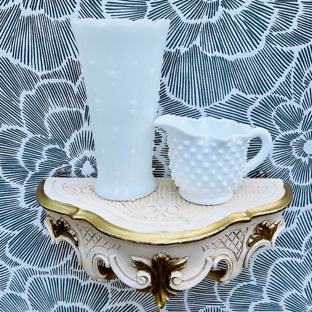Lot of Two Vintage Milk Glass Pieces Vase & Creamer Pitcher Marked Fenton